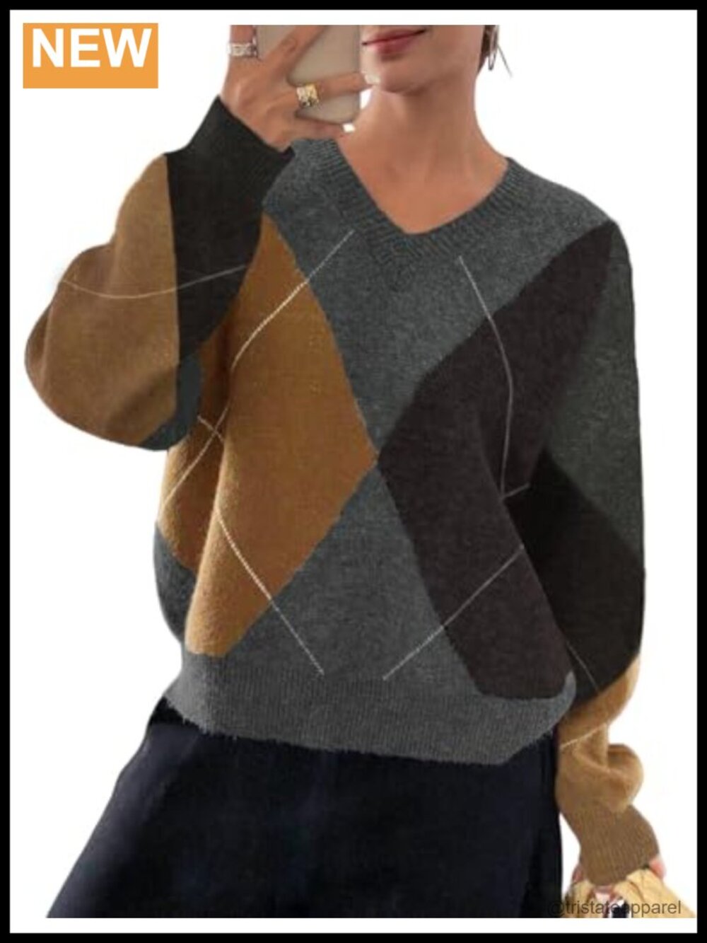 Women's V-Neck Argyle Knit Pullover Sweater - Fall Winter Chunky Top